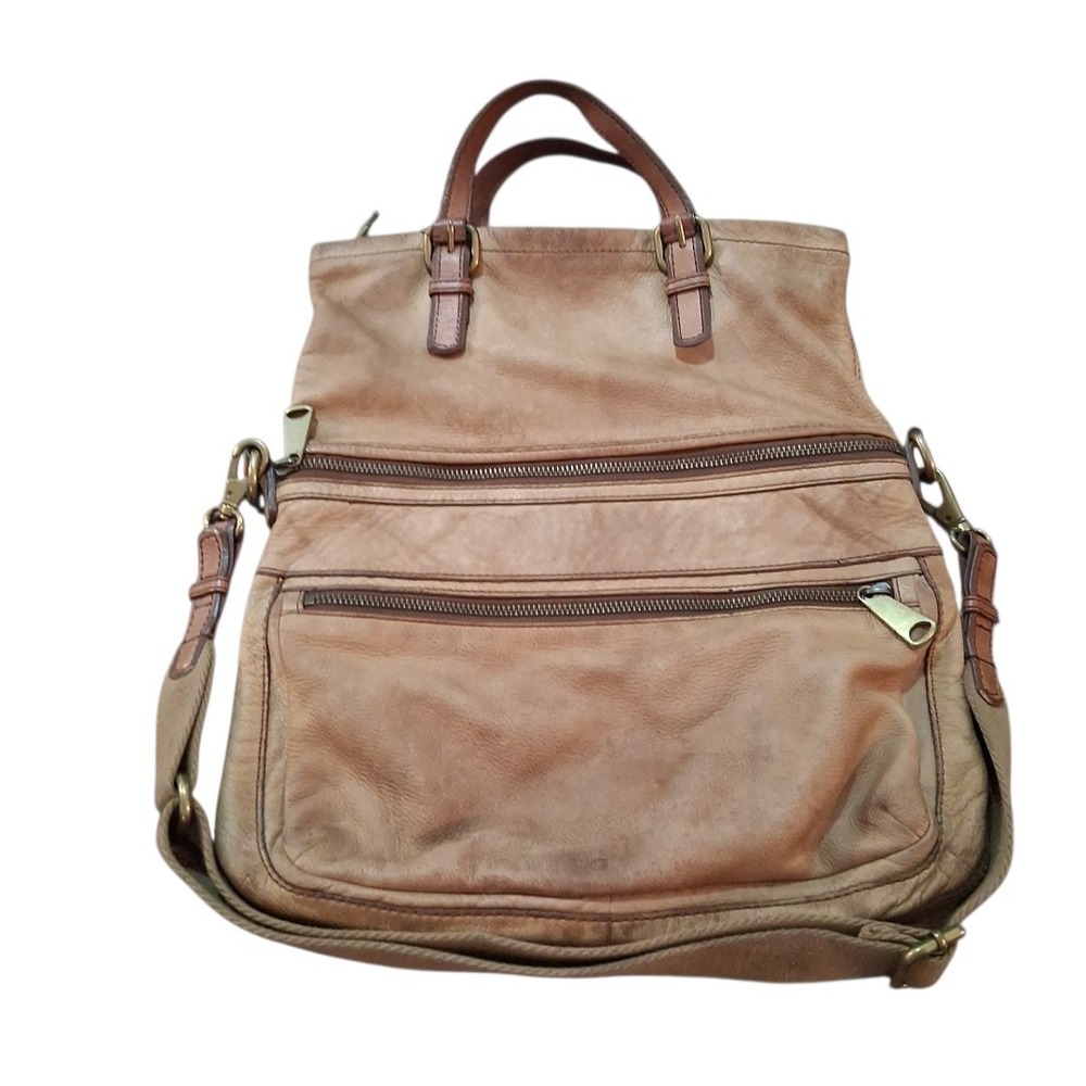 Fossil Explorer Tan Leather Fold Over Messenger Tote Crossbody Bag Unisex READ - Picture 3 of 15